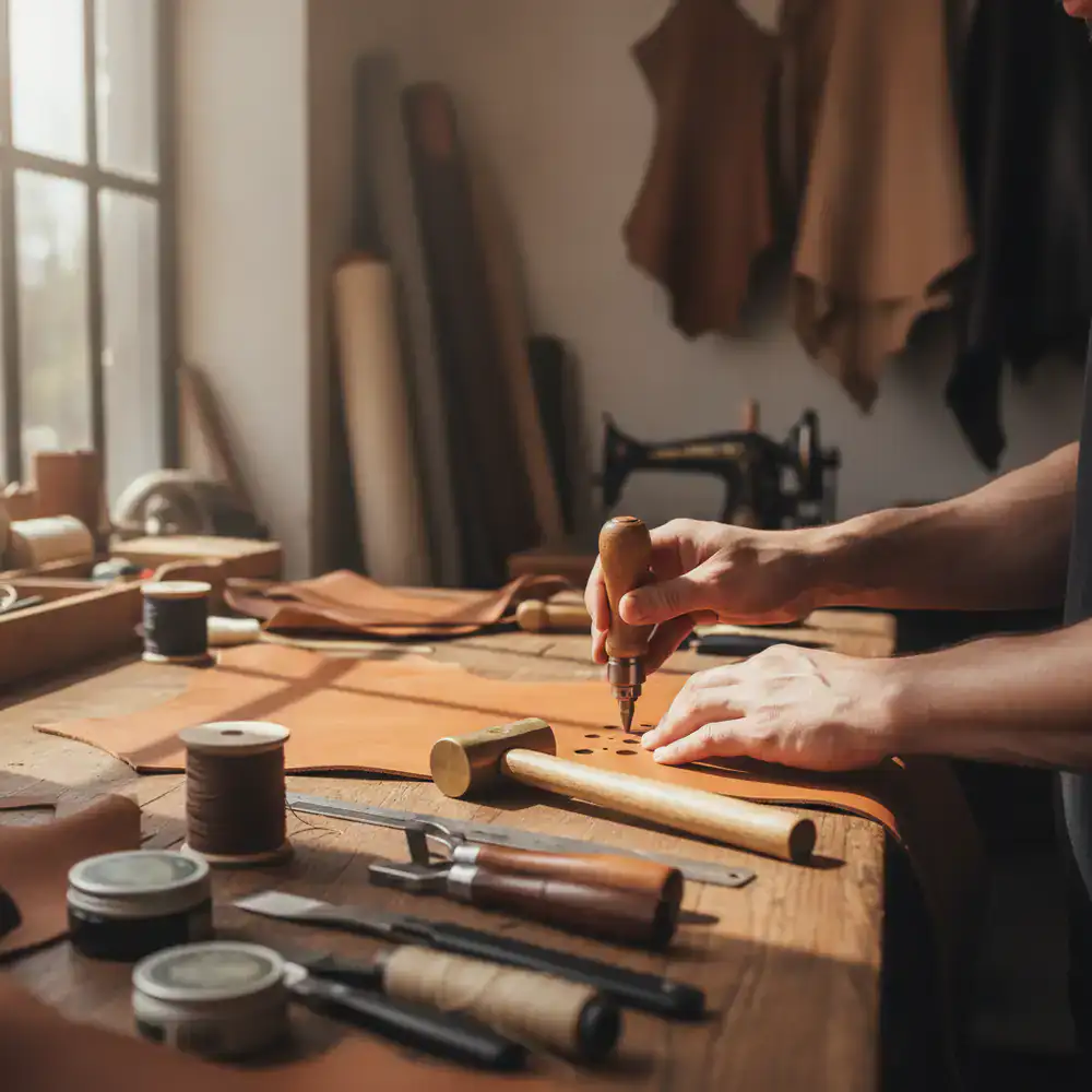 Detailaufnahme der handwerklichen Verarbeitung von Leder im Klavixor Atelier