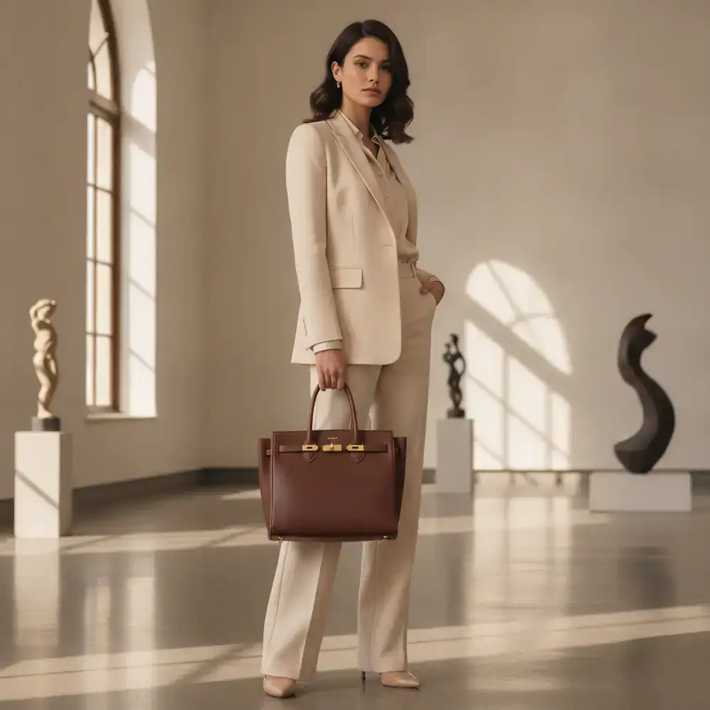 Elegantes Model mit einer Premium-Lederhandtasche von Klavixor